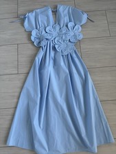 Floral Appliqué Blue Smocked Back Elastic Waist MIDI Dress