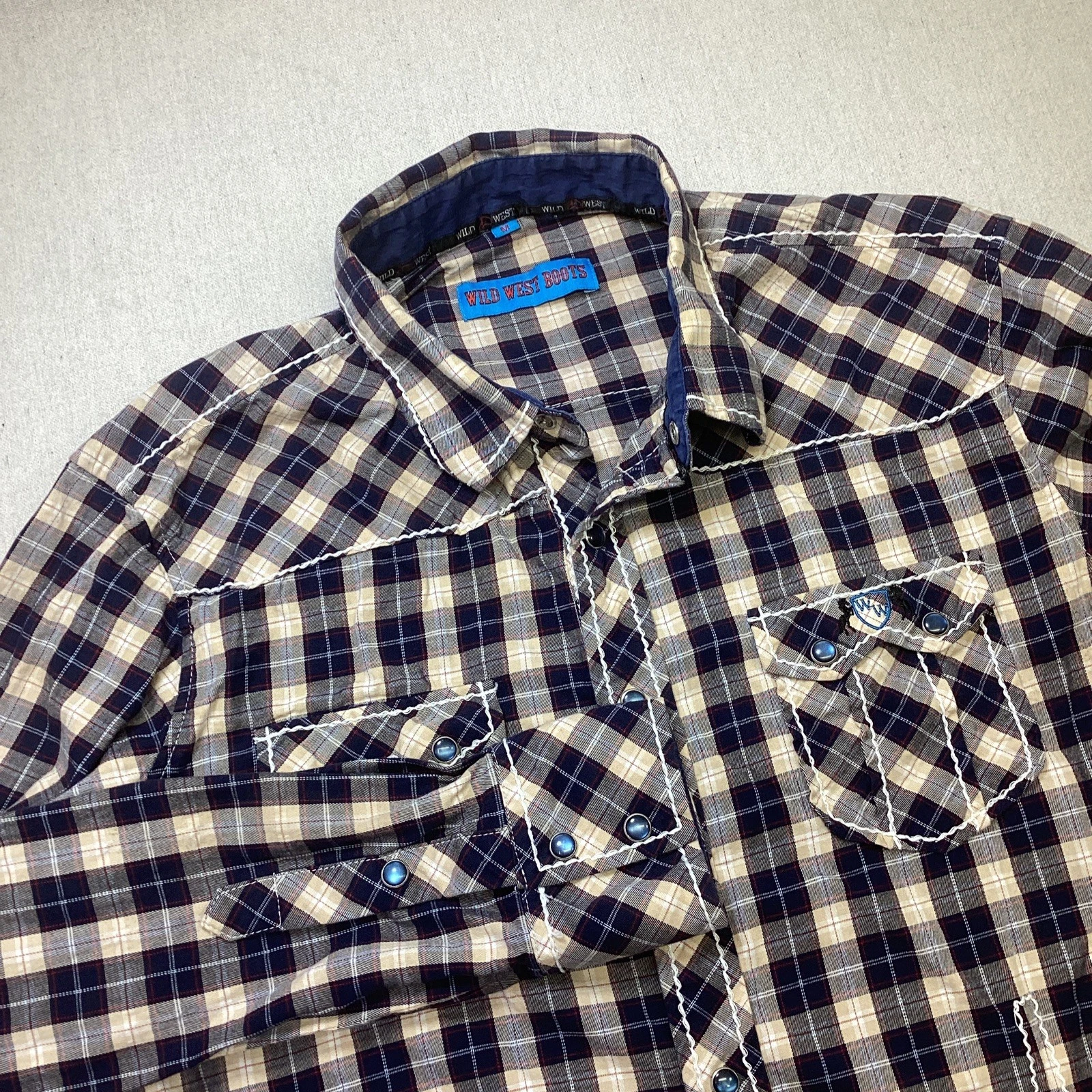 Wild West Boots Shirt Unisex M Plaid Long Sleeve Pearl Snap Embroidered Western