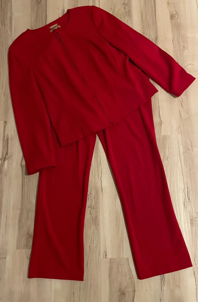 Traje Pantalón Talbots Italiano Lujo Tejido Talla 14 Rojo Sin Cuello Cremallera Blazer Etiqueta Dorada Foto 2 de 4