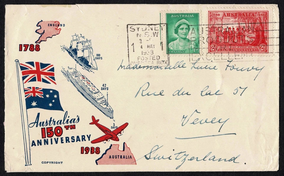 澳大利亚 1938 年封面,150 周年新南威尔士州,悉尼到瑞士,Sesqui — 第 2/3 张图片