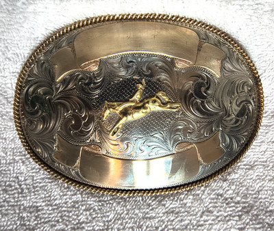 Huge Montana Silversmiths Buckle Bucking Bronco Gold Banners Nickel USA Video