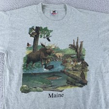 Vintage Maine Wildlife Shirt Mens Large Moose Loon Forest Animals Nature 90s
