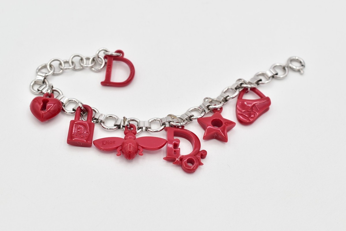 Christian Dior Vintage Charm Bracelet Red Resin Logo Silver