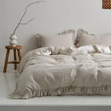 Simple Opulence 100 Linen Duvet Cover Set, 3 PCS Natural French Flax Ruffle ...