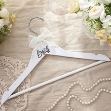 Bride Wedding Dress Pearl Mrs. Hanger with Pearl Ribbon Bow Elegant Wooden Dr...