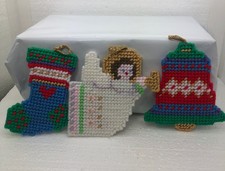 3 Vintage Handmade Needlepoint Christmas Ornaments - Angel - Sock - Bell Lot