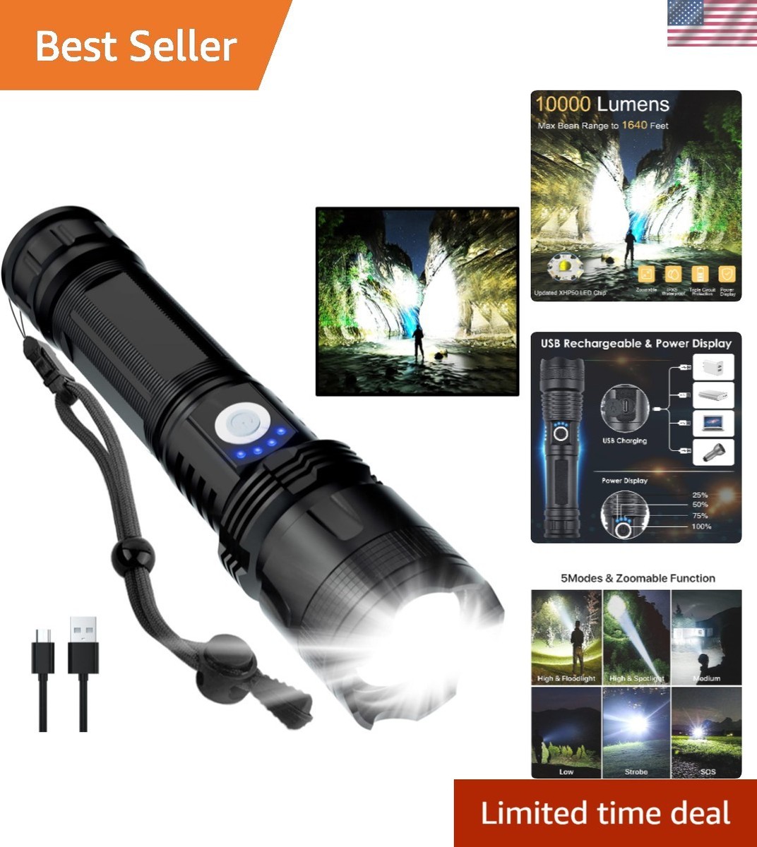 best cheapest durable rechargeable flashlight LESHEN L21 Super Bright (Black-3) The USB 550 Lumen car LED flashlight by Police Security flashlights is designed to deliver bright Moonsun 10000 Lumens Rechargeable Flashlight,