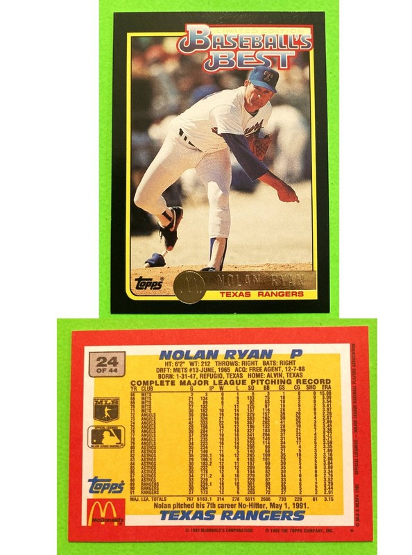 1992 TOPPS & McDONALD'S, #24 OF 44, LIMITED EDITION BASEBALL'S BEST- NOLAN RYAN