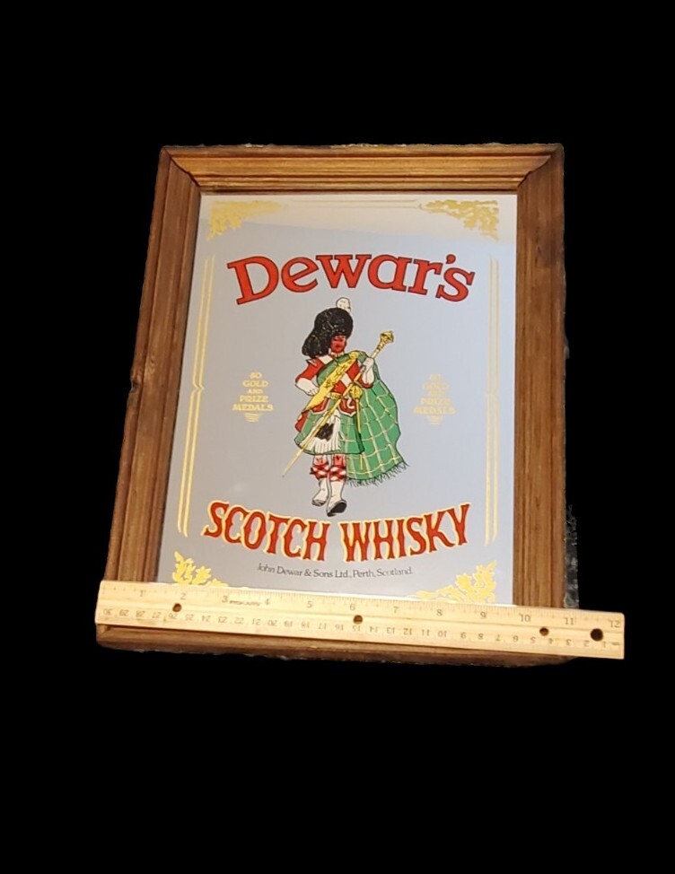 10¾ x 13½" Dewars Scotch Whisky Mirror With Wood Frame Made In Britain
