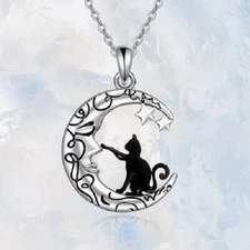 Rare BLACK CAT CRESCENT MOON Pendant on 22" 925 Plated Sterling Silver Necklace