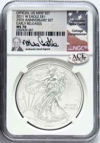 2011 W BURNISHED SILVER EAGLE W MINT MARK 25TH ANNIV. ER NGC MS70 MIKE CASTLE