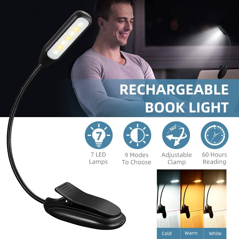 LED Reading Light Clip On Bed Rechargeable Stand Light Book Reading