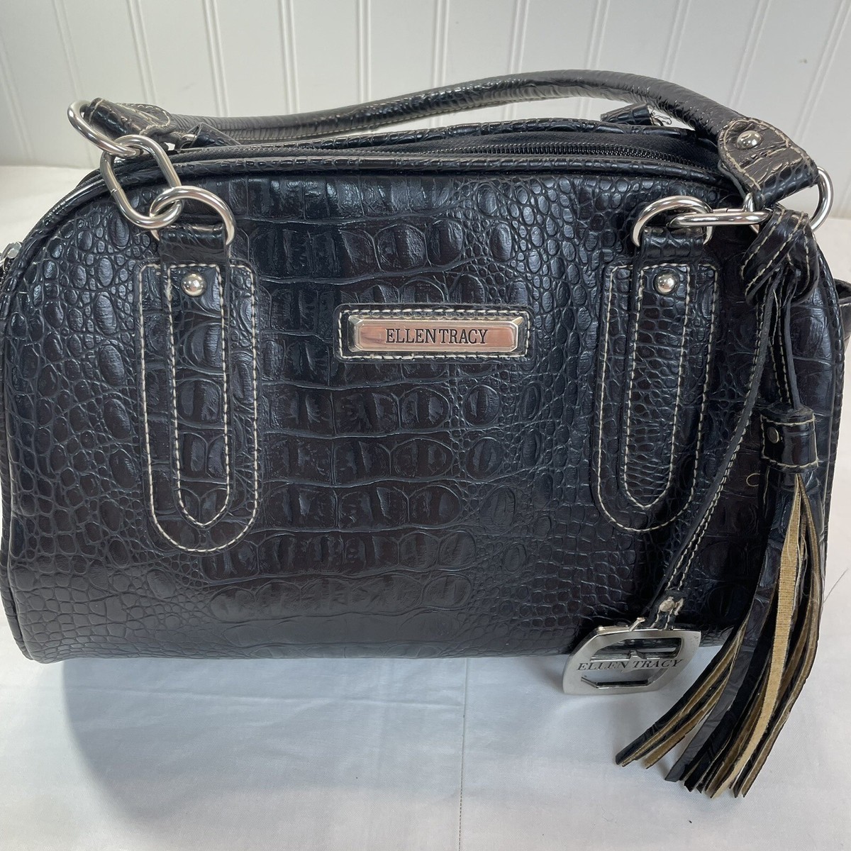 VTG Ellen Tracy Black Crocodile Embossed Covered Buckle Leather Belt Sz 30\