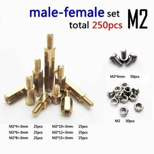 250pcs Solid Brass M2 Hex Column Standoff  Spacer Screw Nut Assortment Kit PCB