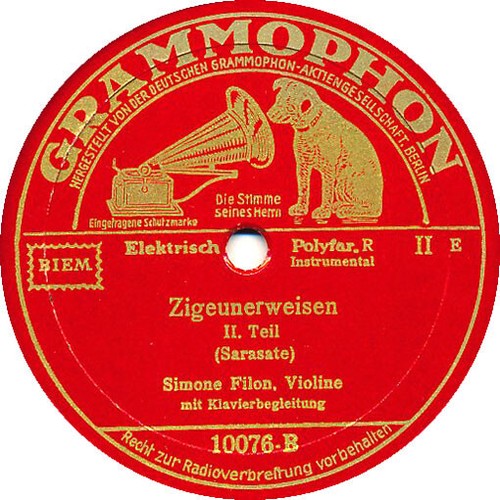 78 RPM - Simone Filon, Violine - Zigeunerweisen (Sarasate) - 1932 - Bild 2 von 2