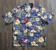 RJC Hawaiian Shirt Mens M Short Sleeve Hot Rod Cars Palm Trees Floral Blue 