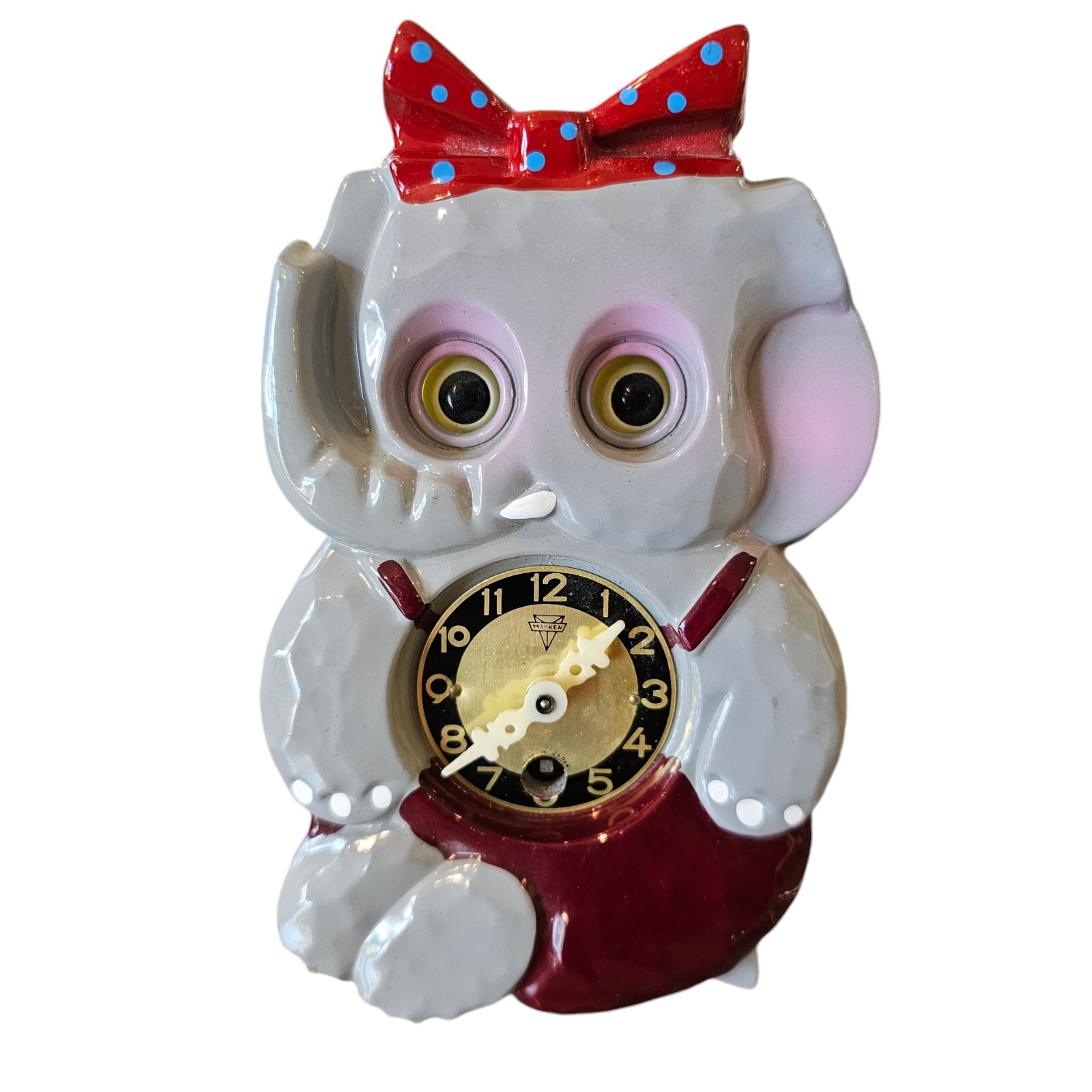 Vintage MI-KEN Kitschy Elephant Wall Clock MISSING PENDULUM KEY Eyes Move READ