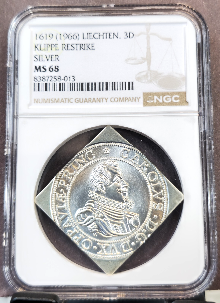 1966 LIECHTENSTEIN SILVER 3 DUCAT 1619 KLIPPE RESTRIKE NGC MS 68