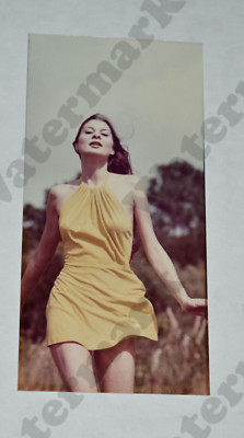 slim brunette woman yellow mini dress legs VINTAGE PHOTOGRAPH Cy