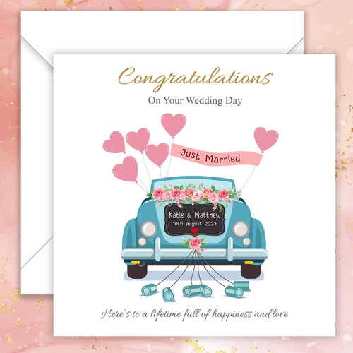 Personalised Just Married Card Wedding Card Bride and Groom Pink Blue Car Heart - Picture 10 of 11