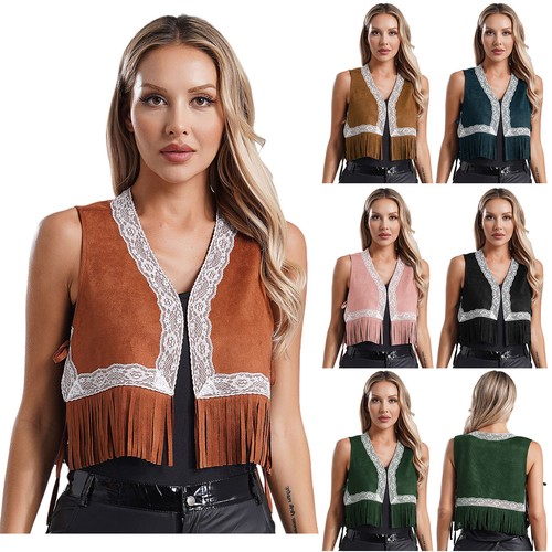 Women's Hippie Fringe Vest Open Front Jacket Side Lace-up Cardigan Top Halloween - Bild 3 von 73