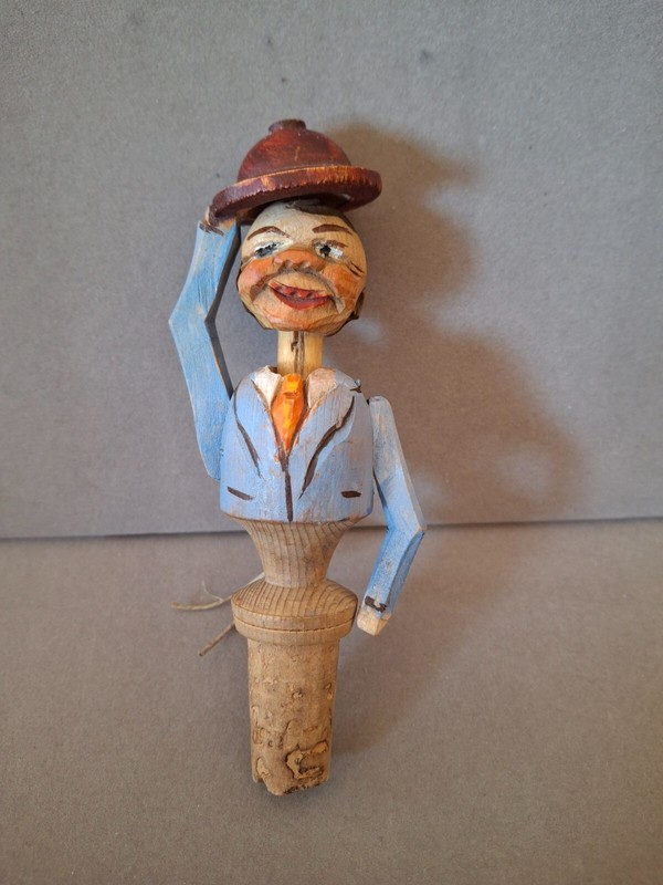 Cork Bottle Stopper ~ MECHANICAL MAN Tipping HAT  Hand Carved