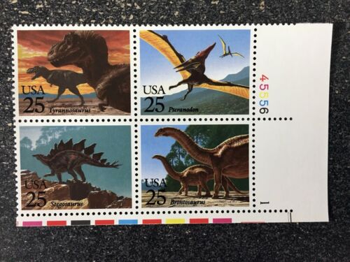 1989USA #2422-2425 25c Prehistoric Animals Dinosaurs - Plate Block of 4 Mint - Picture 2 of 3