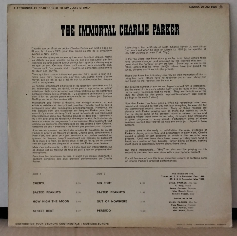 CHARLIE PARKER - The Immortal Charlie Parker AMERICA RECORDS 30 AM 6096 FRANCELP - Image 2 of 3