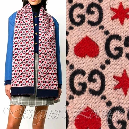 NEUF GUCCI GG HEARTS & STARS écharpe longue laine rouge marine authentique