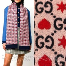 NEW GUCCI GG HEARTS  STARS Violet Navy Red Wool Long Scarf 490 Authentic