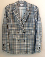 Evereve Glen Check Plaid Blazer Tan/Blue Double Breasted Notch Lapel Womens Sz L
