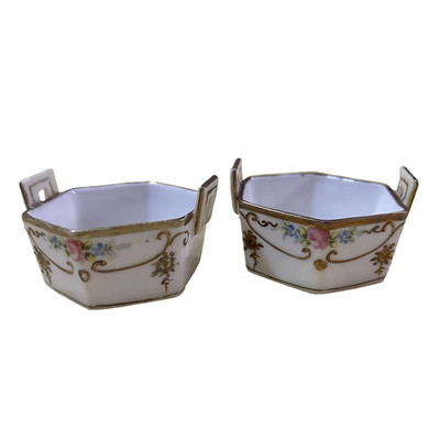 2 Nippon Morimura Hand Painted Double Loop Handle Tub Porcelain Open Salt Cellar