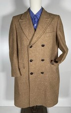 Vintage Harris Tweed Brown Beige Double Breasted Wool Overcoat 42R Polo Coat