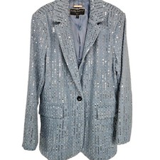 Kathy Ireland Liza Sequin Blazer Jacket Size L NWT Blue Silver Sparkle Party