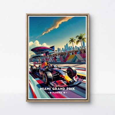 Miami Grand Prix Poster   Formula 1 Racing with Vibrant Florida Skyline