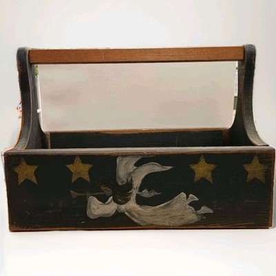 VTG Hand-Painted Handmade Wood Tool Style Box w/ Handle Angels Farmhouse 18x11x9