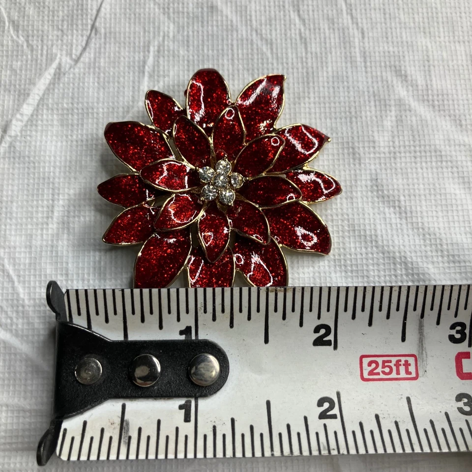 Broche Flor de Pascua Rojo Brillante Estrás Centro Tono Dorado Navidad Foto 4 de 4