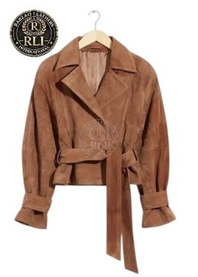 Women Genuine Suede Leather Jacket Brown Belted Wrap Western Vintage Coat