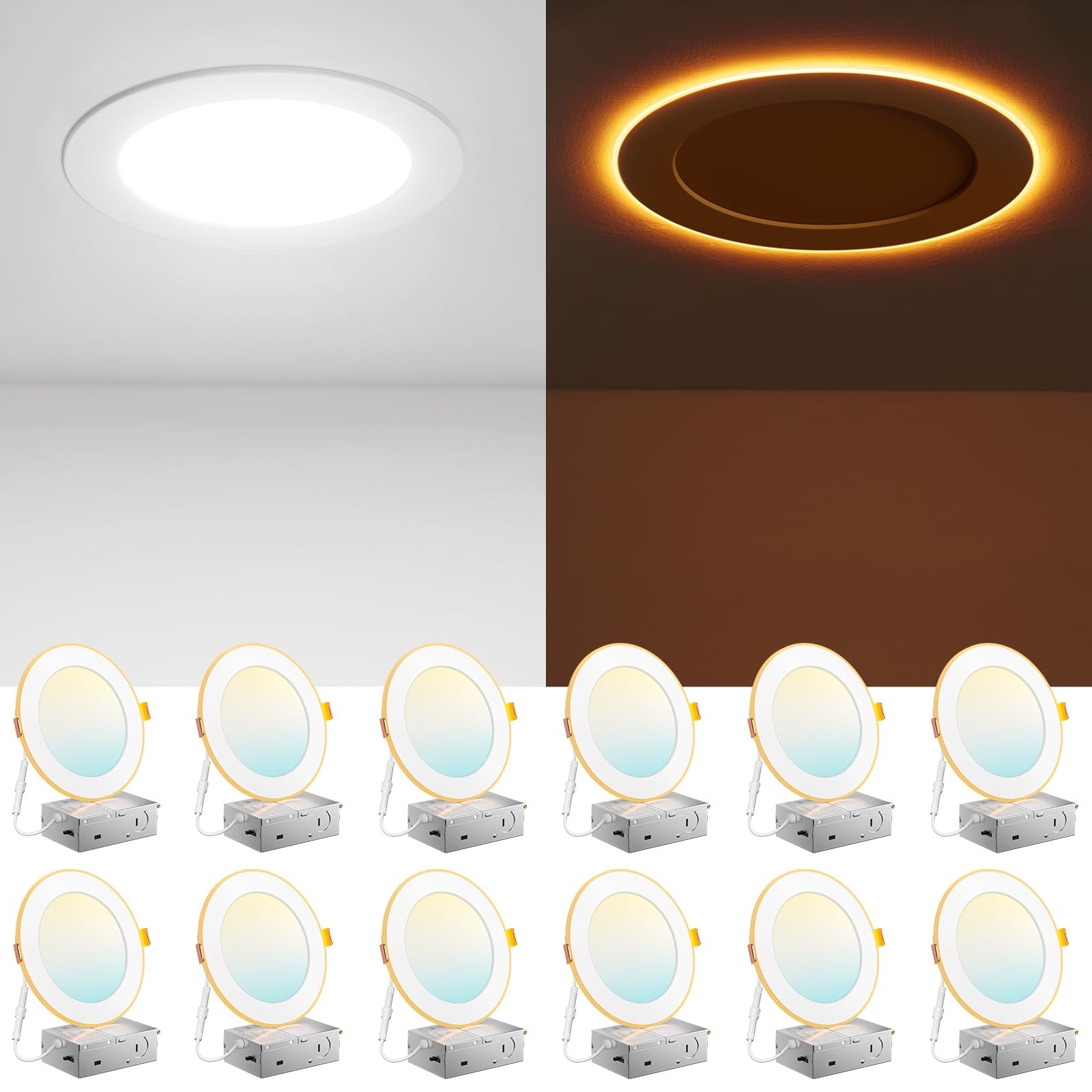 12 Pack 6 Inch 5CCT LED Recessed Ceiling Light with Night Light, 2700K/3000K/...