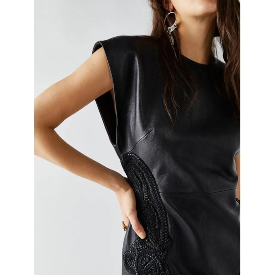 New FREE PEOPLE City Slicker Leather Mini Dress $698 SIZE 10 Black  - Image 2 of 4