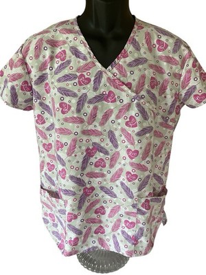 Wear For Care Scrub Top Women's Small White Gray Pink Purple Feathers V-Neck