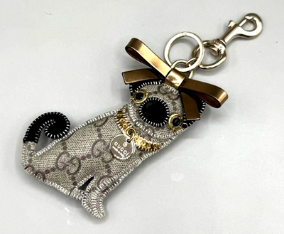 GUCCI Bag Charm Key Ring Guccioli Pug Dog Oliver GG Leather Brown