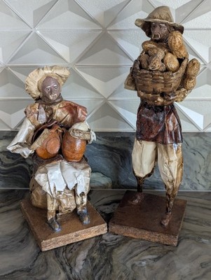 Peruvian Paper Mache Farmer Couple 12  Folk Art Figures Basket Produce Market...
