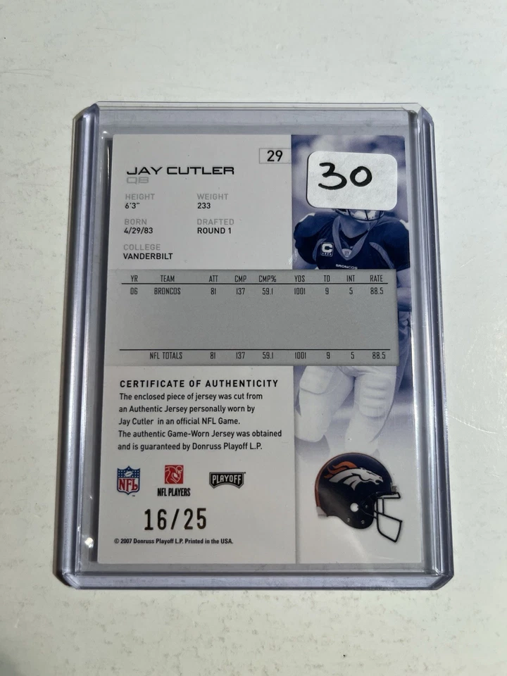 2007 Playoff Football NFL Playoffs #29 Jay Cutler Patch Denver Broncos 16 /25 - Image 2 of 2