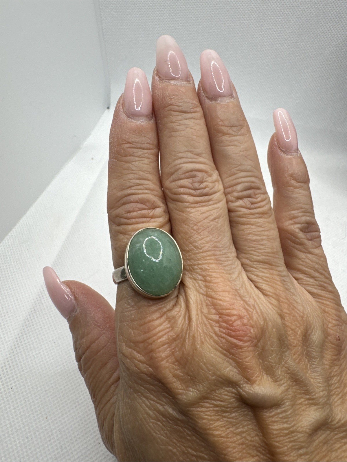 Vintage Large Cabochon Natural Green Jade Sterling Silver 925 Ring Size 7