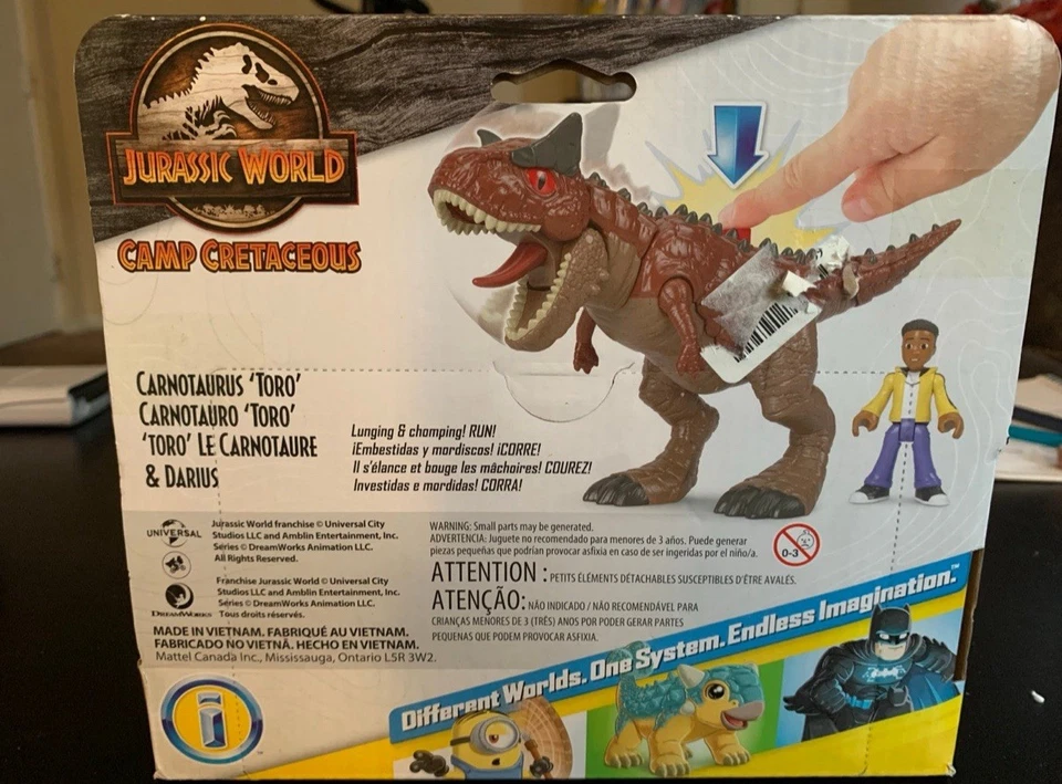 Nuevo. Imaginext Jurassic World Carnotaurus Toro y Darius SkuSR3B Campamento Cretácico Foto 2 de 2