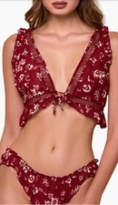 HAUTY Printed Chiffon Burgundy Red & White Floral Bralette Set Medium