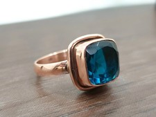 Cushion Cut London Blue Topaz 925 Sterling Silver Rose Gold Overlay Ring