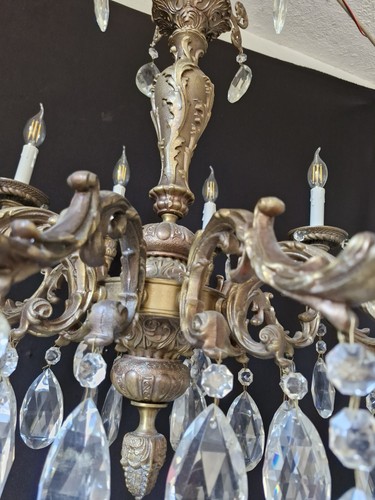 Antique Vintage French Chandelier Brass & Crystals Ceiling Light 10 Arms Ø 28"in - Picture 18 of 23