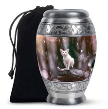 White Cat Sitting On Rock Large Burial Urn For Ashes Adult Female 10 Inch 